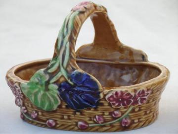 catalog photo of vintage Japan majolica style pottery, African violet planter basket 