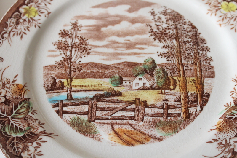 photo of vintage Japan meadow brown transferware china, stained crazed strawberry border cottage print plates  #2
