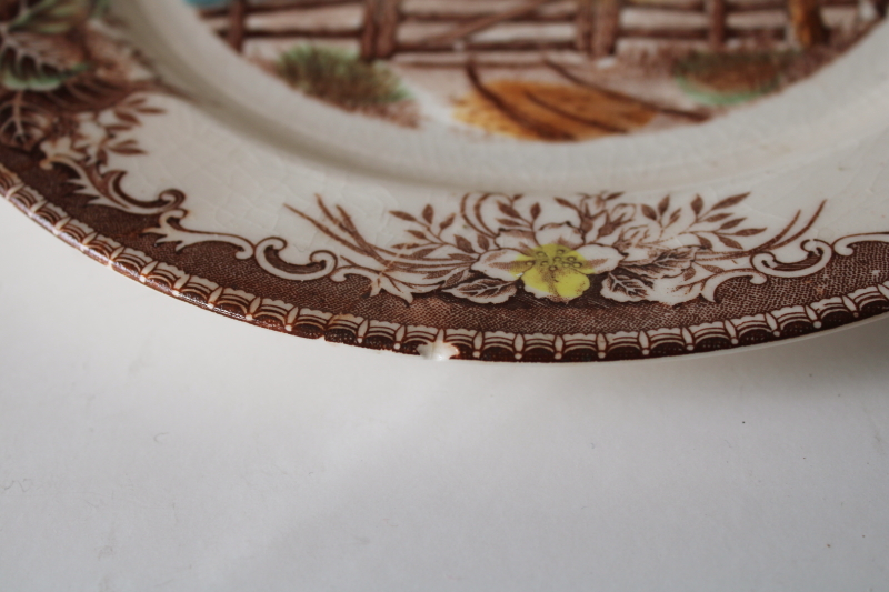 photo of vintage Japan meadow brown transferware china, stained crazed strawberry border cottage print plates  #3