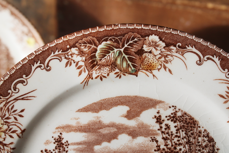 photo of vintage Japan meadow brown transferware china, stained crazed strawberry border cottage print plates  #4