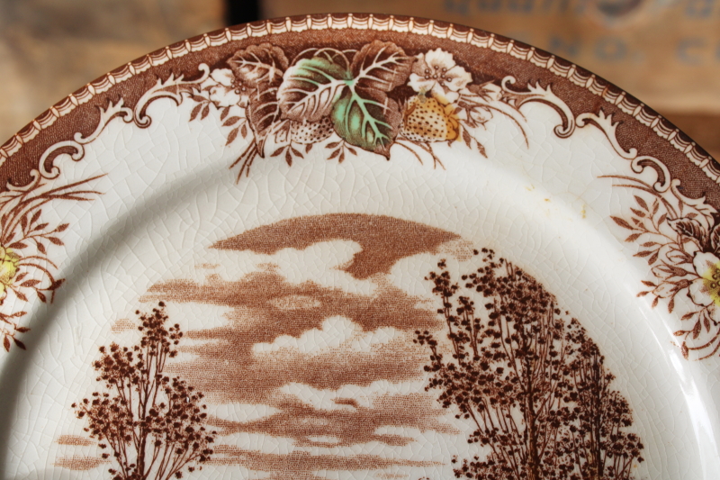 photo of vintage Japan meadow brown transferware china, stained crazed strawberry border cottage print plates  #5
