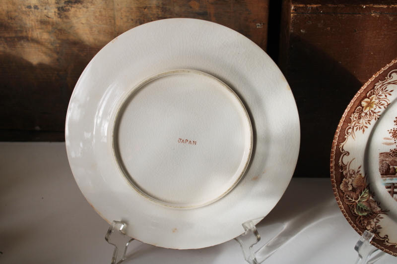 photo of vintage Japan meadow brown transferware china, stained crazed strawberry border cottage print plates  #6