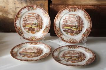 catalog photo of vintage Japan meadow brown transferware china, stained crazed strawberry border cottage print plates 