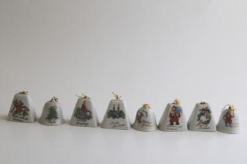 vintage Japan miniature china bells hand painted porcelain Christmas ornaments set of 8 