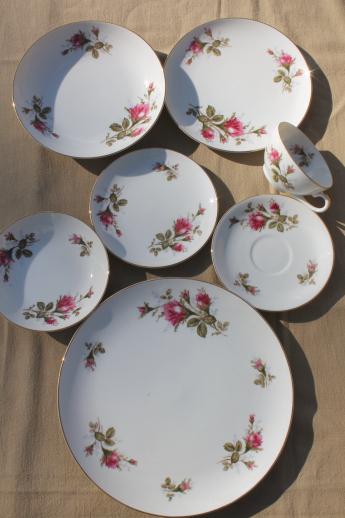 photo of vintage Japan moss rose china, pink roses porcelain dinnerware set for 12 #3