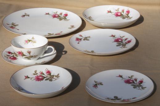 photo of vintage Japan moss rose china, pink roses porcelain dinnerware set for 12 #4