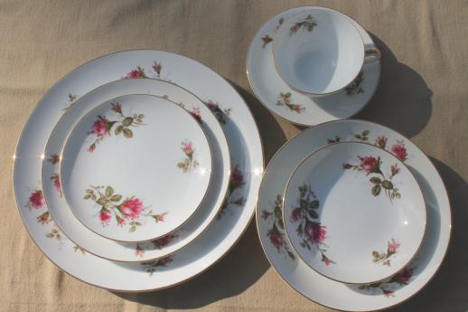 photo of vintage Japan moss rose china, pink roses porcelain dinnerware set for 12 #8