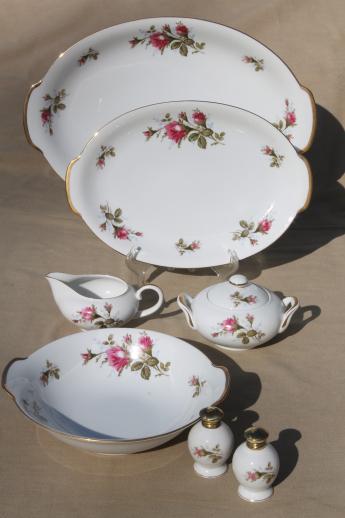 photo of vintage Japan moss rose china serving pieces, pink roses porcelain turkey platter etc. #1