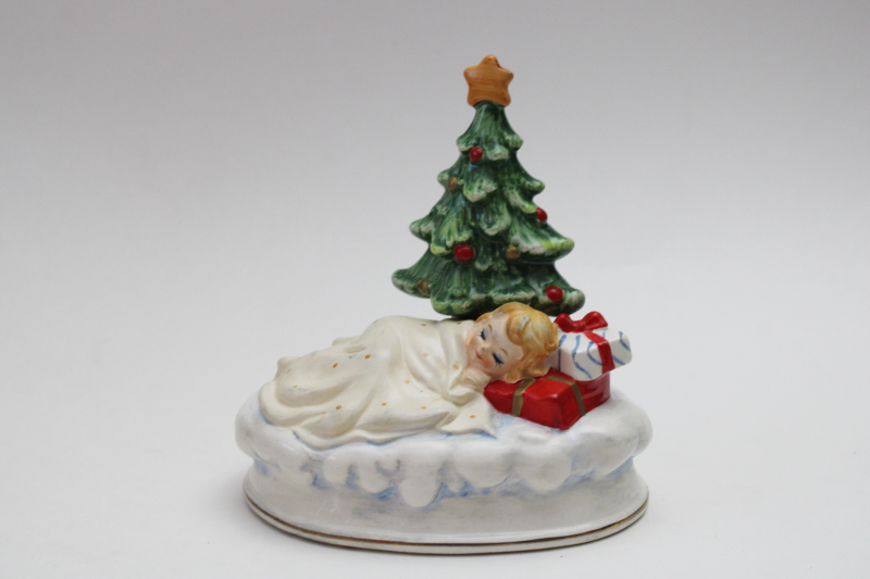photo of vintage Japan music box Silent Night hand painted ceramic figurine little girl & Christmas tree  #1
