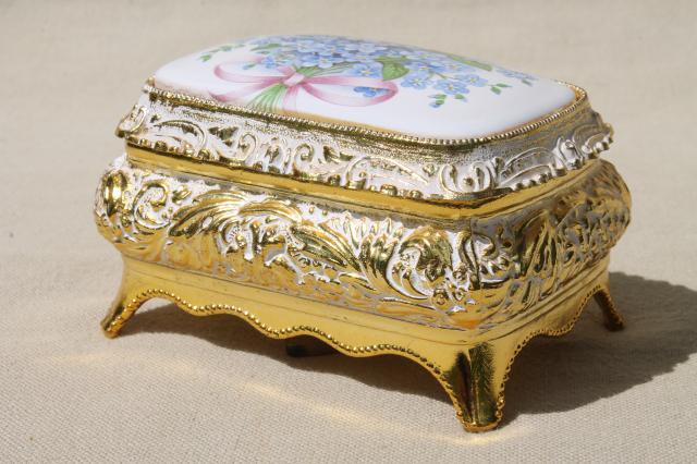 photo of vintage Japan music box plays Memory, ornate metal trinket box w/ forget-me-nots #1