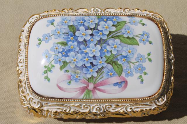 photo of vintage Japan music box plays Memory, ornate metal trinket box w/ forget-me-nots #2