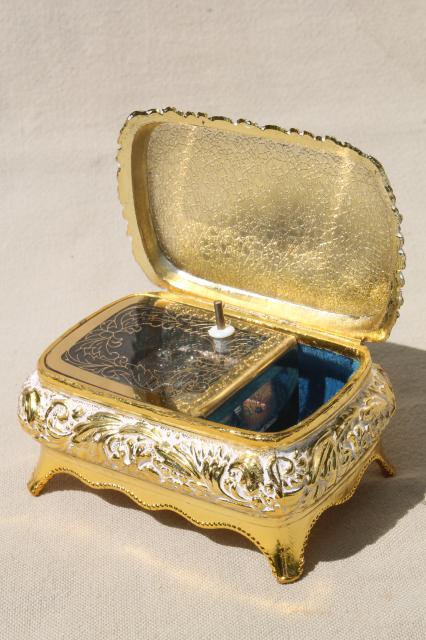 photo of vintage Japan music box plays Memory, ornate metal trinket box w/ forget-me-nots #3