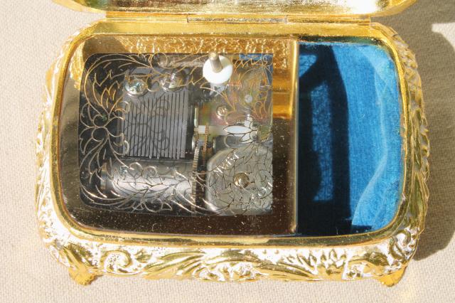 photo of vintage Japan music box plays Memory, ornate metal trinket box w/ forget-me-nots #4