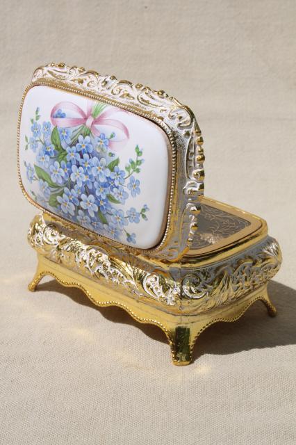 photo of vintage Japan music box plays Memory, ornate metal trinket box w/ forget-me-nots #5