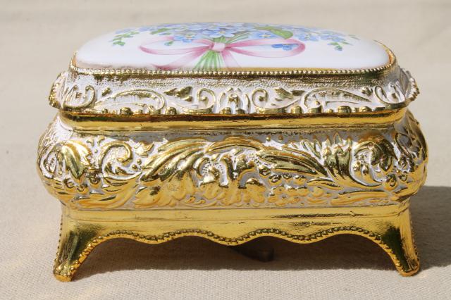 photo of vintage Japan music box plays Memory, ornate metal trinket box w/ forget-me-nots #6