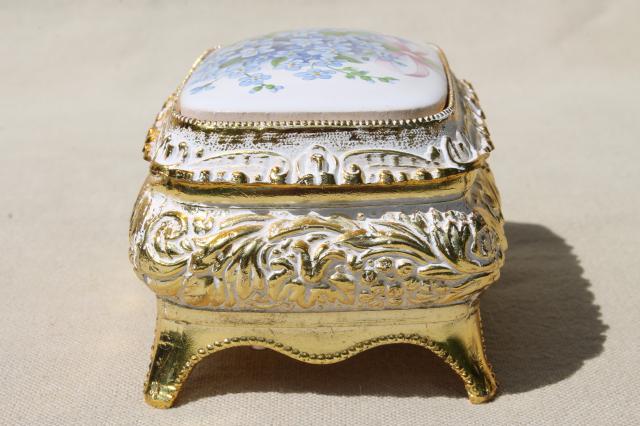 photo of vintage Japan music box plays Memory, ornate metal trinket box w/ forget-me-nots #7