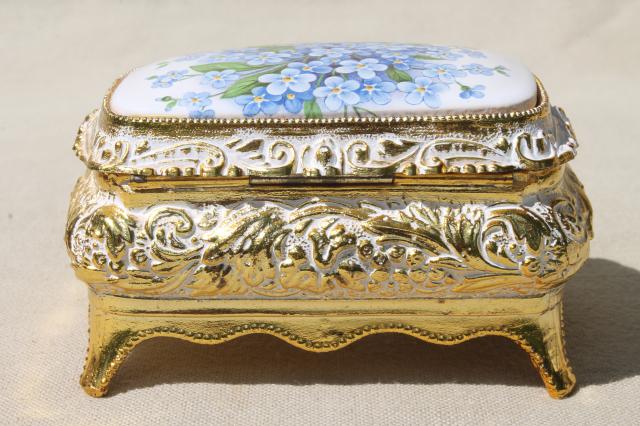 photo of vintage Japan music box plays Memory, ornate metal trinket box w/ forget-me-nots #8