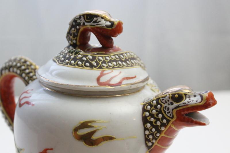 photo of vintage Japan or Nippon figural dragon ware china teapot, hand painted gold moriage #3
