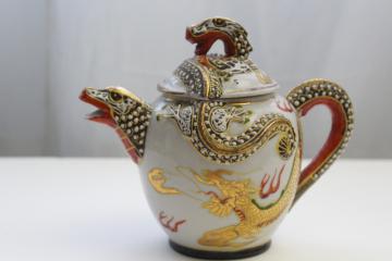 catalog photo of vintage Japan or Nippon figural dragon ware china teapot, hand painted gold moriage