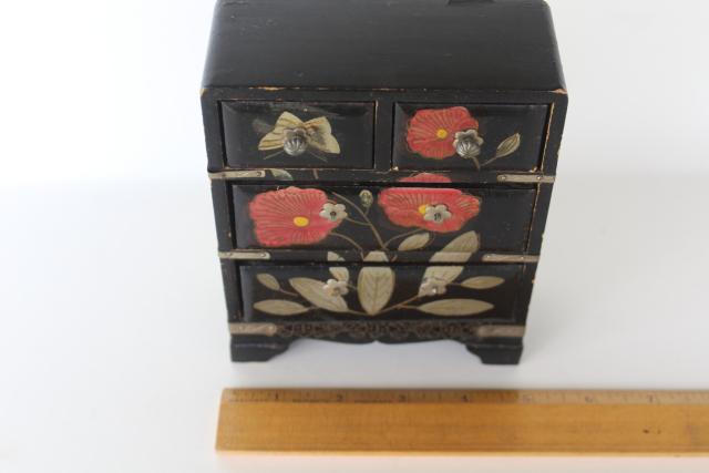 photo of vintage Japan painted lacquerware wood jewelry box or miniature doll size dresser #1