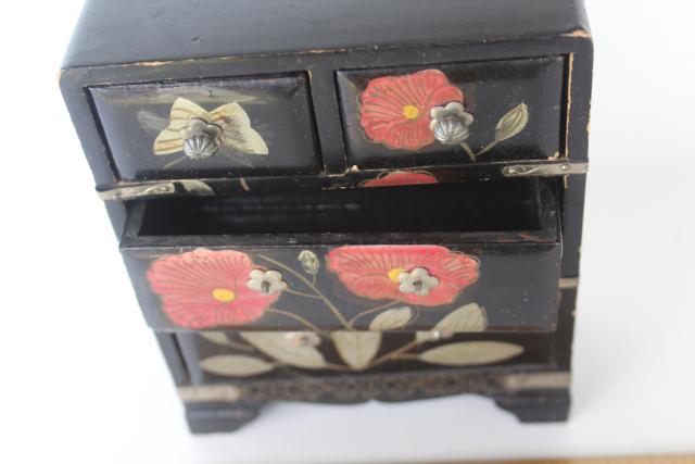 photo of vintage Japan painted lacquerware wood jewelry box or miniature doll size dresser #3