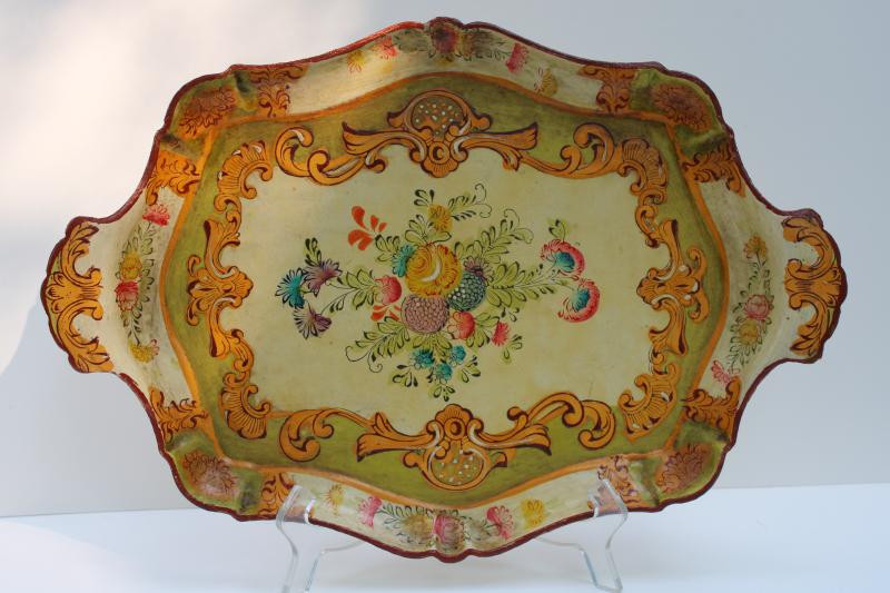 photo of vintage Japan papier mache serving tray, shabby chic floral florentine style #1