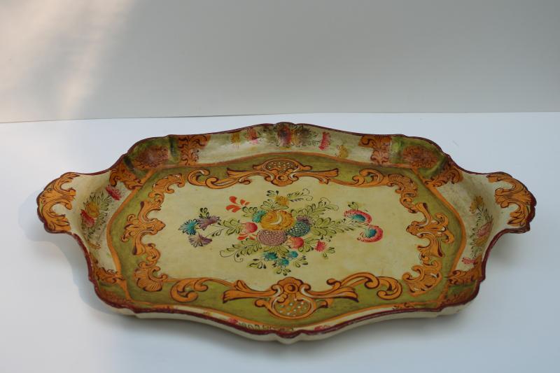 photo of vintage Japan papier mache serving tray, shabby chic floral florentine style #2