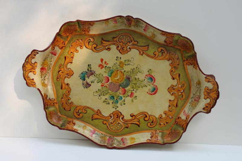 photo of vintage Japan papier mache serving tray, shabby chic floral florentine style #8