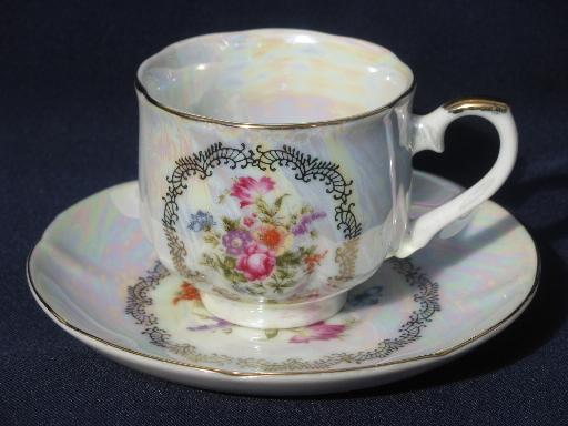 photo of vintage Japan pearl luster china cups and saucers, bouquet of flowers #2