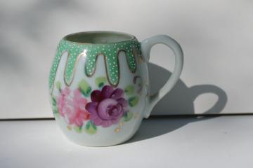 vintage Japan porcelain Easter egg shaped cup, hand painted flowers & moriage