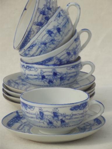 photo of vintage Japan porcelain cups & saucers, Kate Greenaway scenes blue & white china #2