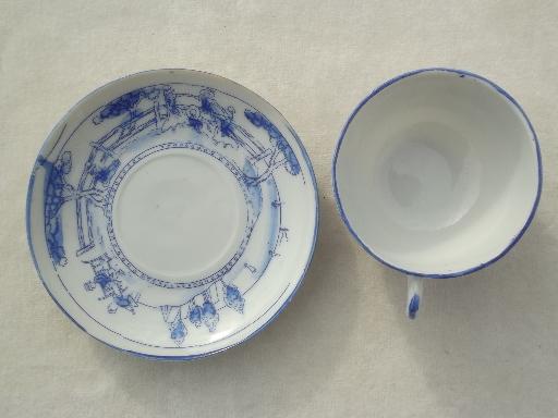 photo of vintage Japan porcelain cups & saucers, Kate Greenaway scenes blue & white china #3