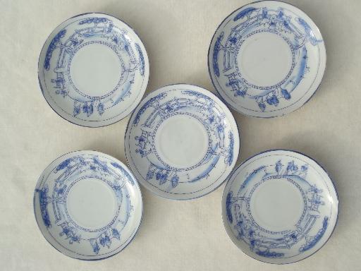 photo of vintage Japan porcelain cups & saucers, Kate Greenaway scenes blue & white china #5