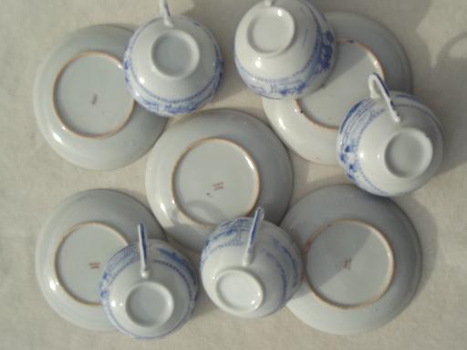 photo of vintage Japan porcelain cups & saucers, Kate Greenaway scenes blue & white china #6