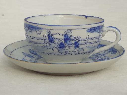 photo of vintage Japan porcelain cups & saucers, Kate Greenaway scenes blue & white china #7