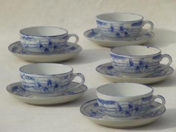 catalog photo of vintage Japan porcelain cups & saucers, Kate Greenaway scenes blue & white china