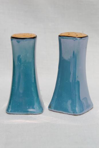 photo of vintage Japan porcelain salt & pepper shakers, hand-painted blue luster china S&P set #1