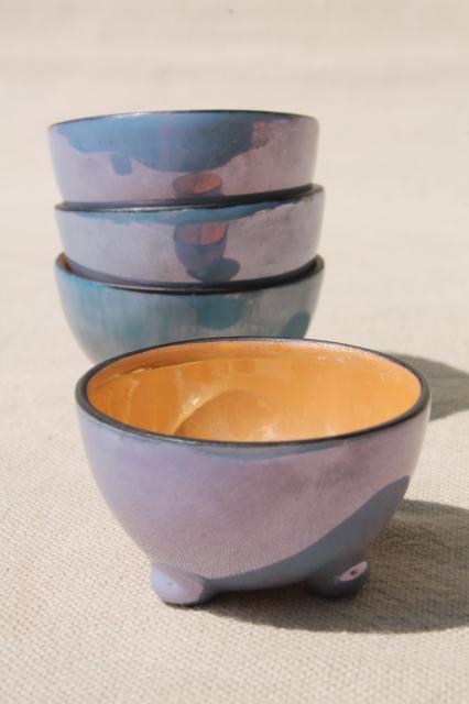 photo of vintage Japan porcelain salts / salt dips, set of tiny painted china bowls in blue & peach luster #1