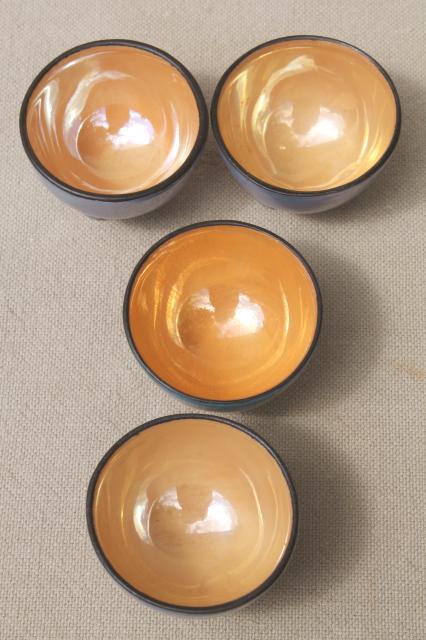 photo of vintage Japan porcelain salts / salt dips, set of tiny painted china bowls in blue & peach luster #4