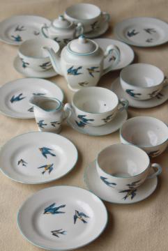 catalog photo of vintage Japan porcelain tea set, child's size toy dishes hand painted bluebird china