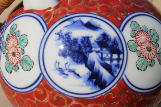 photo of vintage Japan porcelain teapot, Arita Imari style pattern in red & blue #5