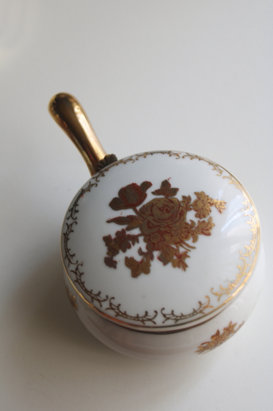 photo of vintage Japan porcelain trinket or powder box, silent butler hinged lid, french country gold roses  #5