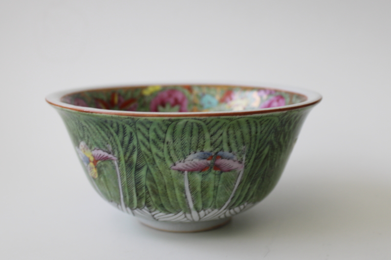 photo of vintage Japan pottery bowl hand painted in Hong Kong, bok choy cabbage w/ butterflies  #1