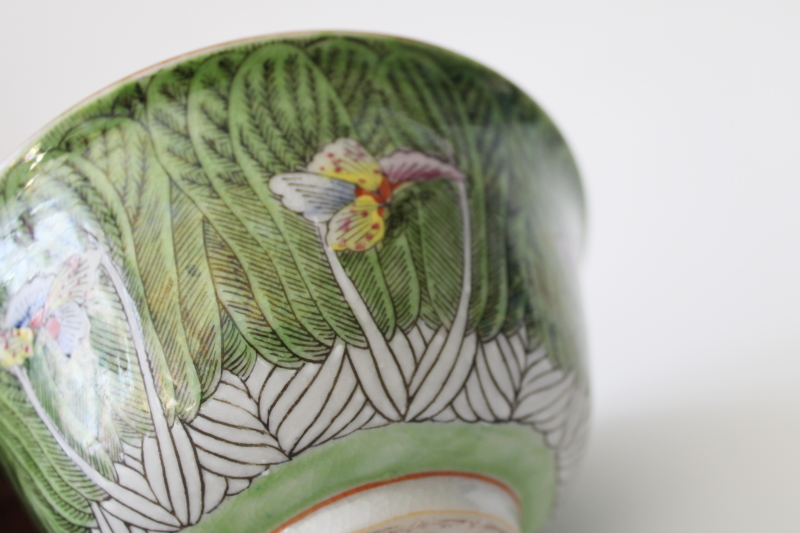 photo of vintage Japan pottery bowl hand painted in Hong Kong, bok choy cabbage w/ butterflies  #5