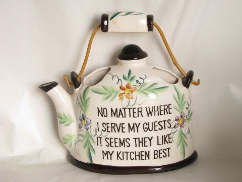 photo of vintage Japan pottery tea kettle wall pocket plaque, kitchen motto #1