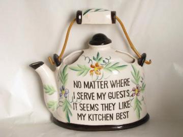 catalog photo of vintage Japan pottery tea kettle wall pocket plaque, kitchen motto