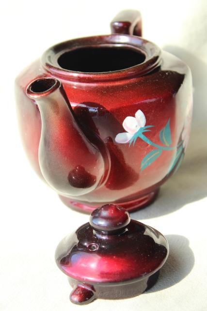 photo of vintage Japan red clay pottery teapot w/ lacquer ware finish, hand painted pink camellia flower #2
