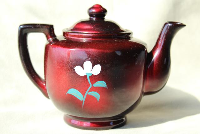 photo of vintage Japan red clay pottery teapot w/ lacquer ware finish, hand painted pink camellia flower #3