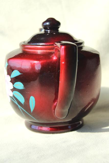 photo of vintage Japan red clay pottery teapot w/ lacquer ware finish, hand painted pink camellia flower #4