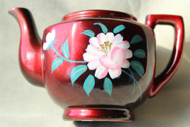 photo of vintage Japan red clay pottery teapot w/ lacquer ware finish, hand painted pink camellia flower #7